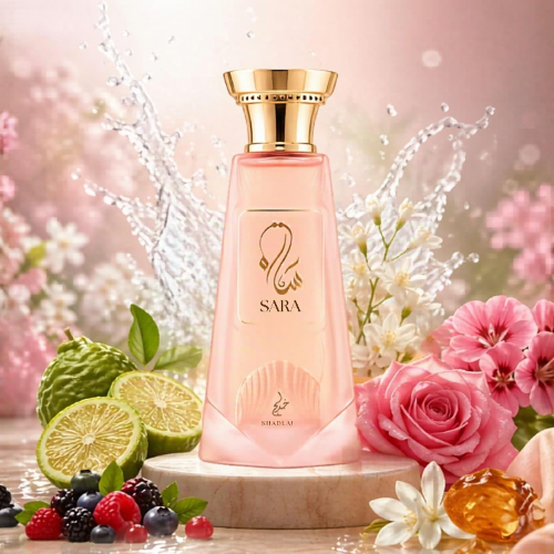 Khadlaj Sara perfume bottle surrounded by citrus, berries, pink and white flowers, and splashing water
