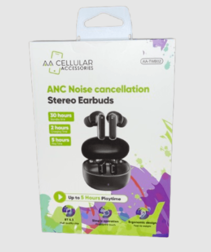 AA - TWB02 - ANC Noise Cancellation Stereo Earbuds - BLACK - SmellsPlus