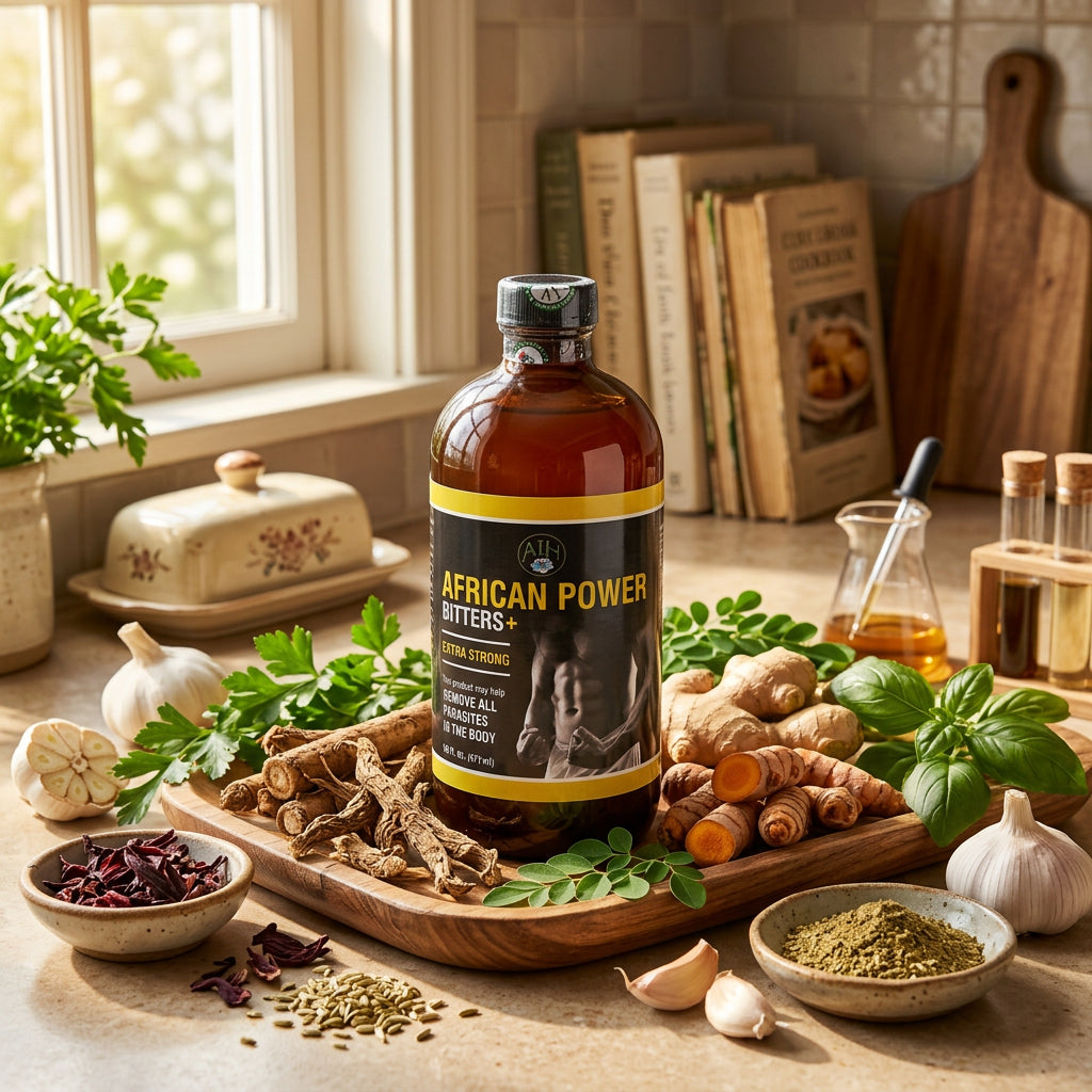 African Indian Herbs African Power Extra Strong bottle on a wooden table with roots, herbs and seed bowls