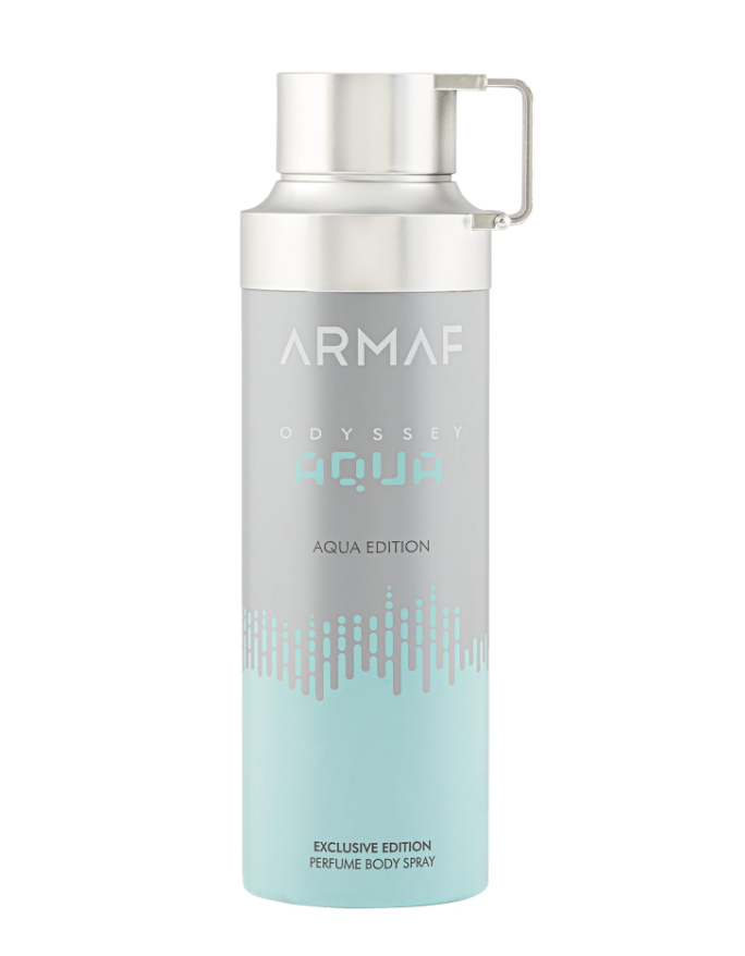 ARMAF ODYSSEY 200ml BODY SPRAY AQUA — a sleek, modern bottle of men’s body spray featuring a fresh, crisp aquatic fragrance.