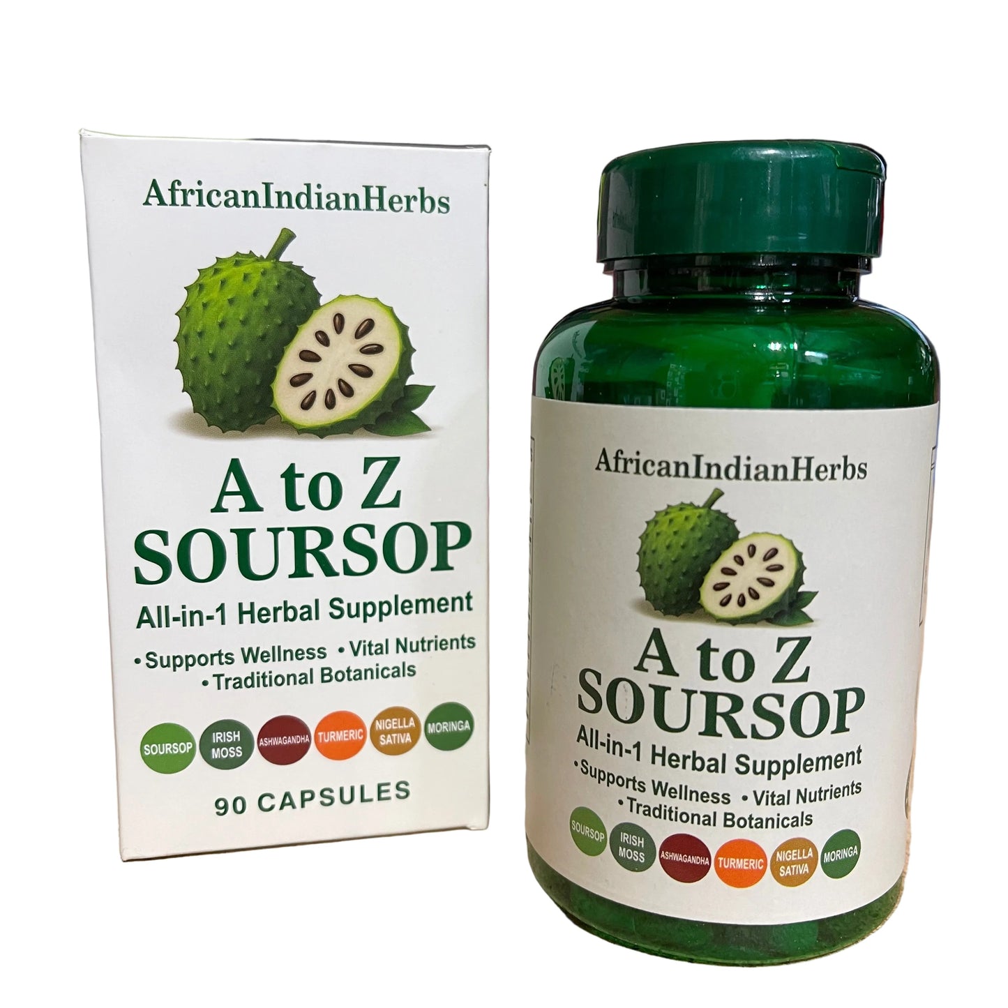 African Indian Herbs A to Z Soursop All In 1 Herbal Supplement 90ct Capsules Jar