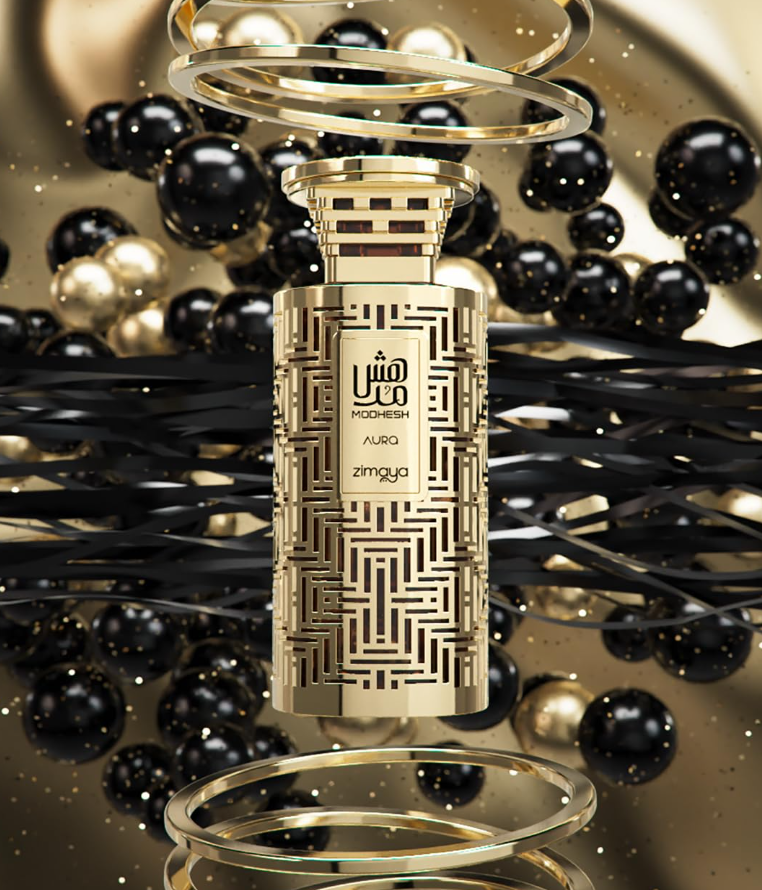 Zimaya Modhesh Aura patterned gold bottle amid floating gold rings and black-and-gold spheres, above a glossy black geometric surface.