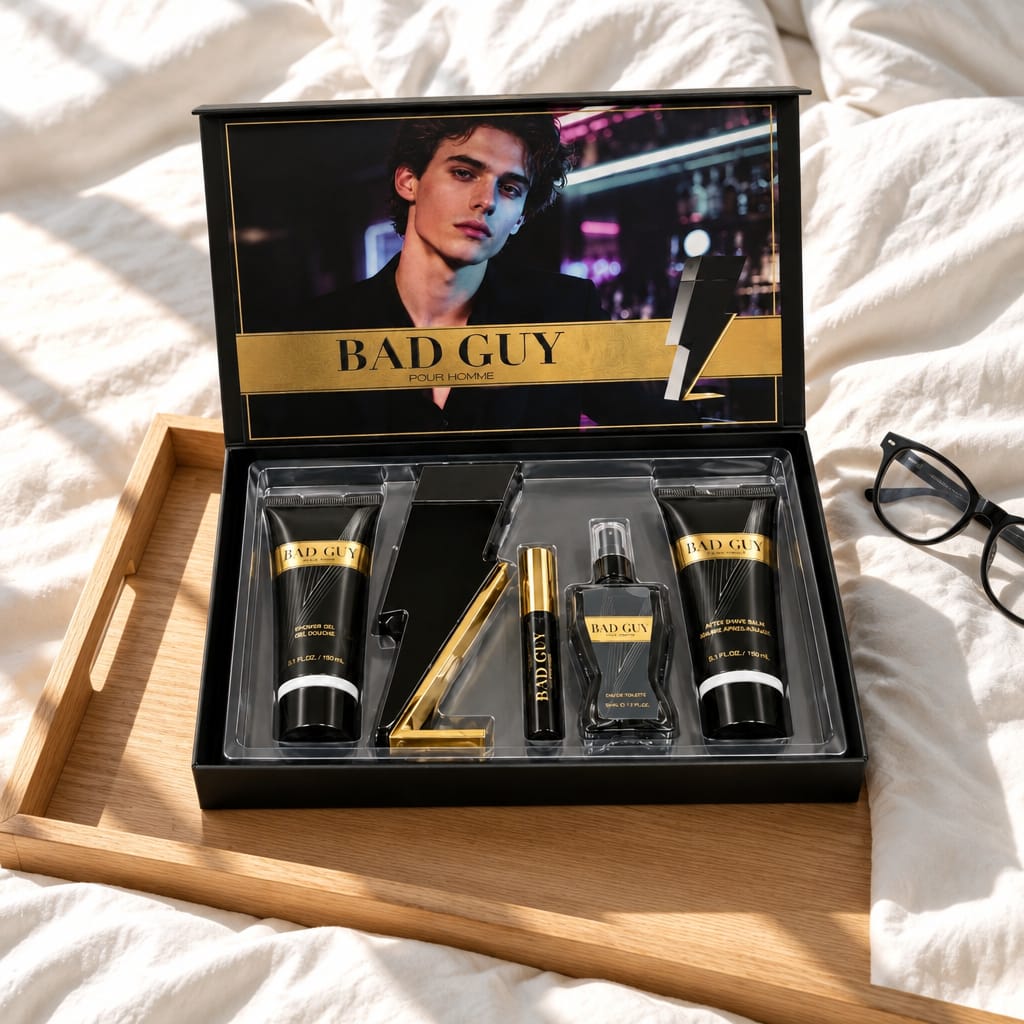 Bad Guy Pour Homme V15 open black gift box on a wooden tray beside glasses