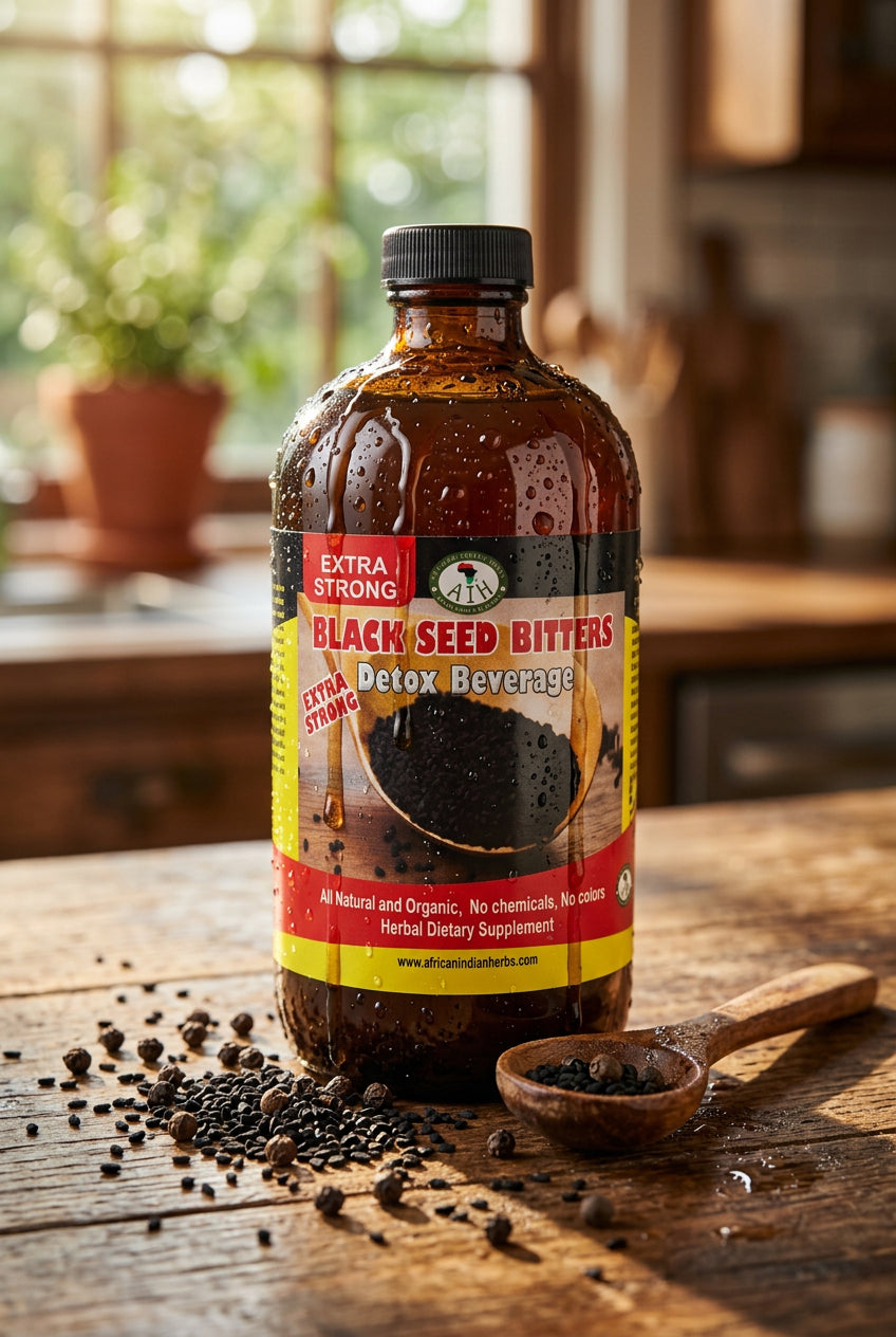 African Indian Herbs Extra Strong Black Seed Detox bottle on a kitchen table beside a spoon and black seed props
