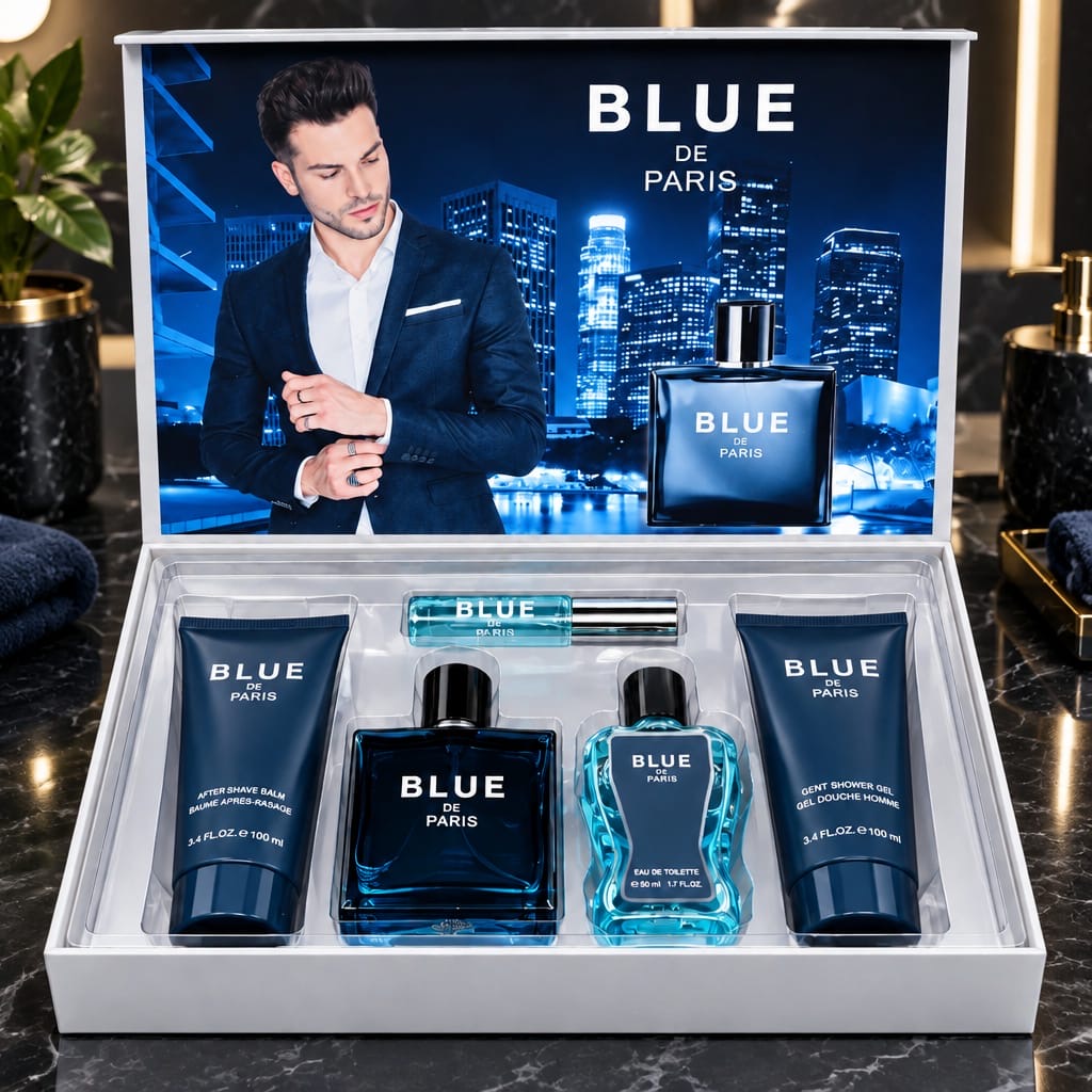 Blue De Paris V3 open navy gift box displayed beside plants