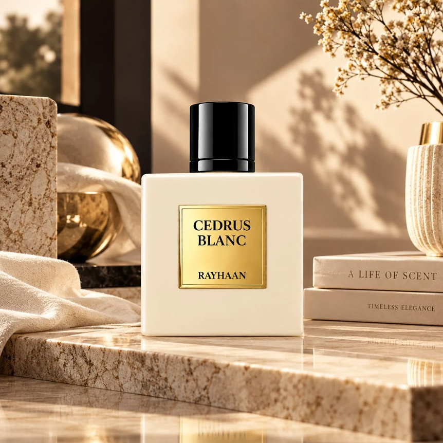 Rayhaan Cedrus Blanc ivory bottle on a beige marble table beside books and a flower vase