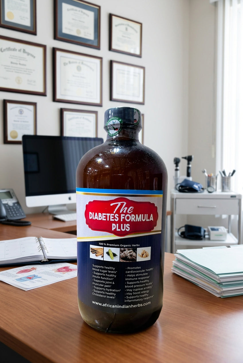African Indian Herbs The Diabetes Formula Plus bottle on a desk in an office setting