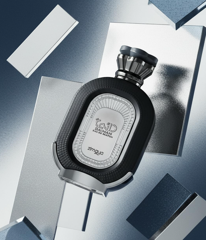 Zimaya Daiman Eclipse dark oval bottle tilted among angular silver and blue-gray panels, with its silver front plaque and textured black border visible.