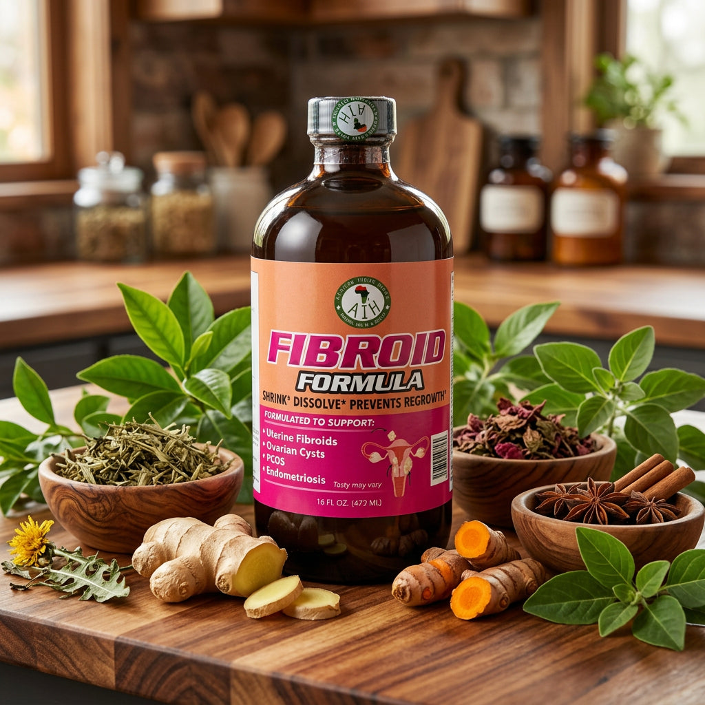 African Indian Herbs Fibroid Formula bottle on a wooden board with herbs and root props