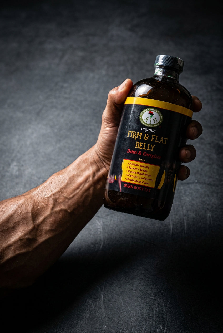 African Indian Herbs Firm & Flat Belly Detox & Energizer hand holding the bottle against a dark background