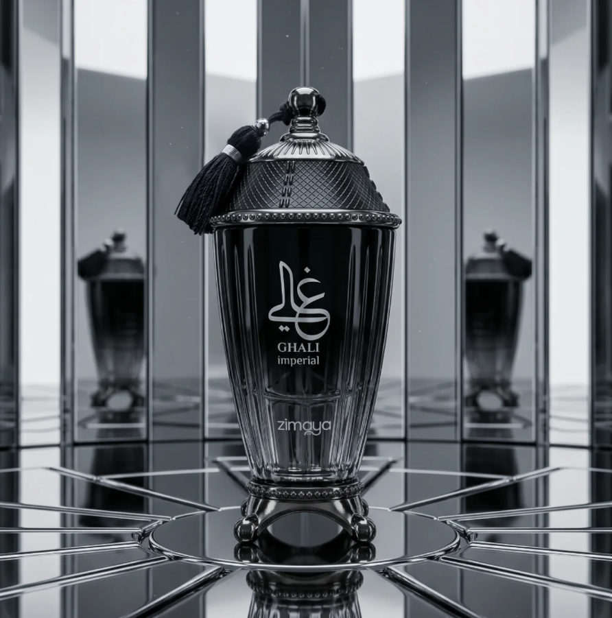 Zimaya Ghali Imperial black urn-shaped bottle with black tassel and silver lettering, on a mirrored geometric platform with repeated bottle reflections behind.