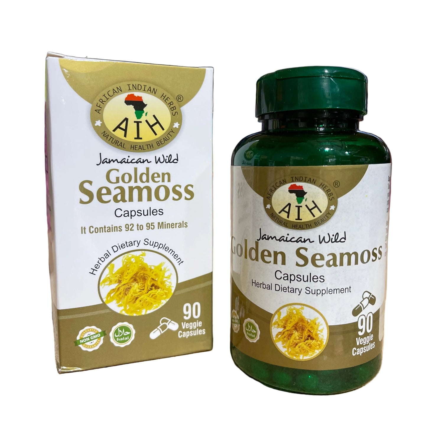 African Indian Herbs Jamaican Wild Golden Sea Moss 90ct Capsules Jar