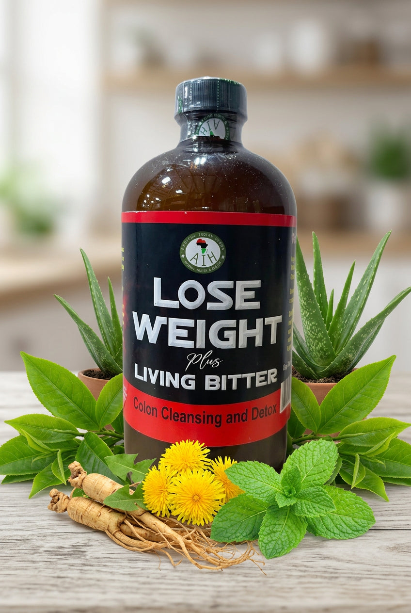 African Indian Herbs Lose Weight Plus Living Bitter bottle surrounded by leaves, ginger and botanical props