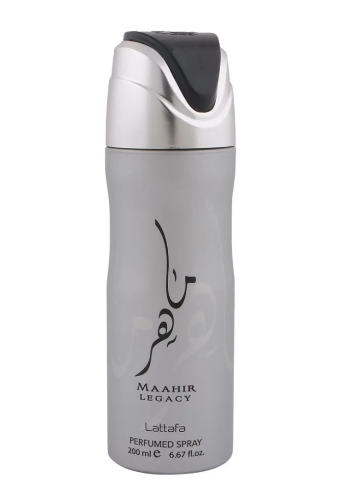 LATTAFA MAAHIR LEGACY 200ml — a sleek body spray with a bold, refined scent and long-lasting, luxurious fragrance.