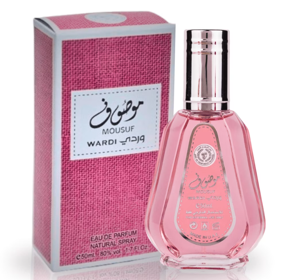 Ard Al Zaafaran Mousuf Wardi 50ml perfume bottle with elegant pink floral design, representing a sweet and feminine fragrance