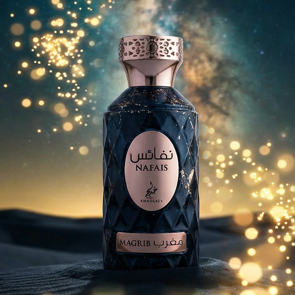 Khadlaj Nafais Magrib dark bottle on a ledge with golden lights and a smoky background