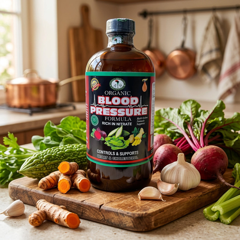 African Indian Herbs Blood Pressure Formula bottle on a kitchen board beside beetroot, roots and herbs