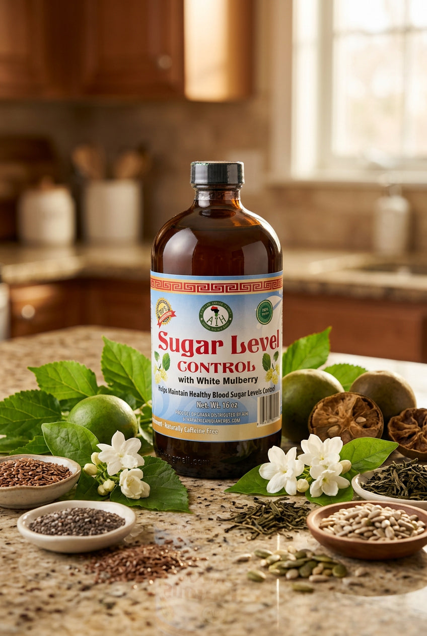 African Indian Herbs Sugar Level Control with White Mulberry bottle surrounded by leaves, flowers and seed bowls