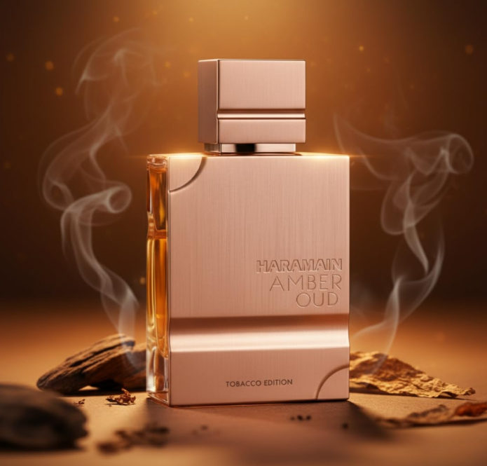 Al Haramain Amber Oud Tobacco Edition copper-colored bottle and square cap among brown leaves, wood and curls of smoke against a warm brown background.