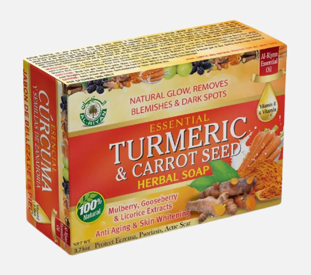 AL-RIYAN Turmeric & Carrot Seed Herbal Soap bars in packaging with turmeric and carrot seed.