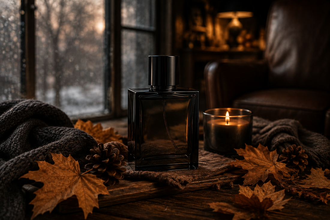 Men's fall and winter fragrance bottle surrounded by autumn leaves and cozy seasonal accents