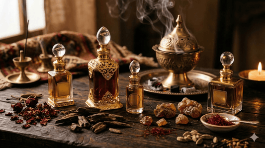 Middle Eastern perfumes in ornate gold bottles on a wooden table surrounded by oud wood, dried rose petals, amber resin, saffron, and a traditional bakhoor incense burner.