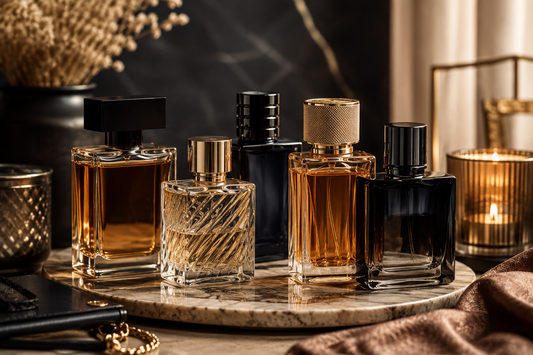 Affordable perfume bottles styled with luxurious accents on a marble tray