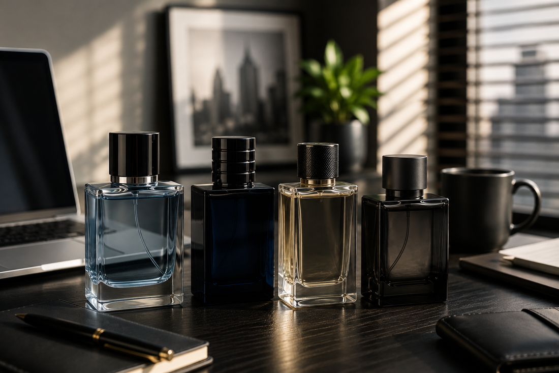 Men's cologne bottles arranged on a professional office desk