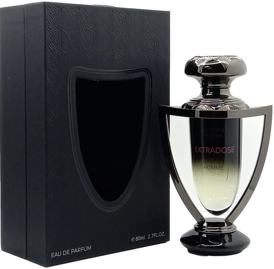 Arabiyat Prestige Extradose Homme Eau de Parfum bottle displayed next to its black retail packaging.&nbsp;