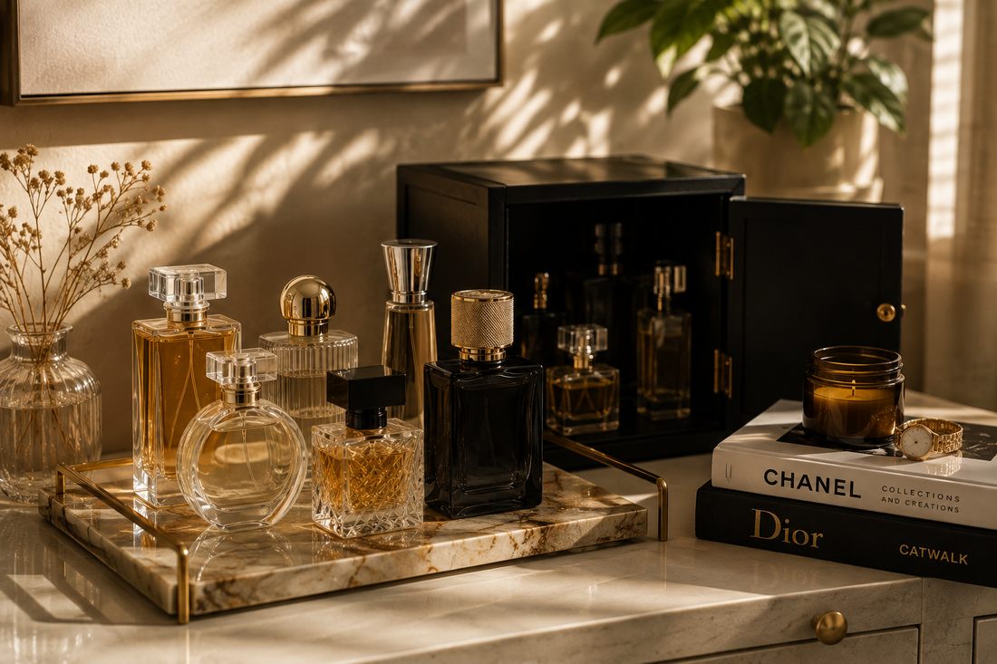 Perfume bottles stored in a cool, dark cabinet away from sunlight and heat