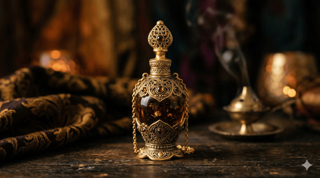 Ornate gold Middle Eastern perfume bottle with oud oil on a dark-styled surface.