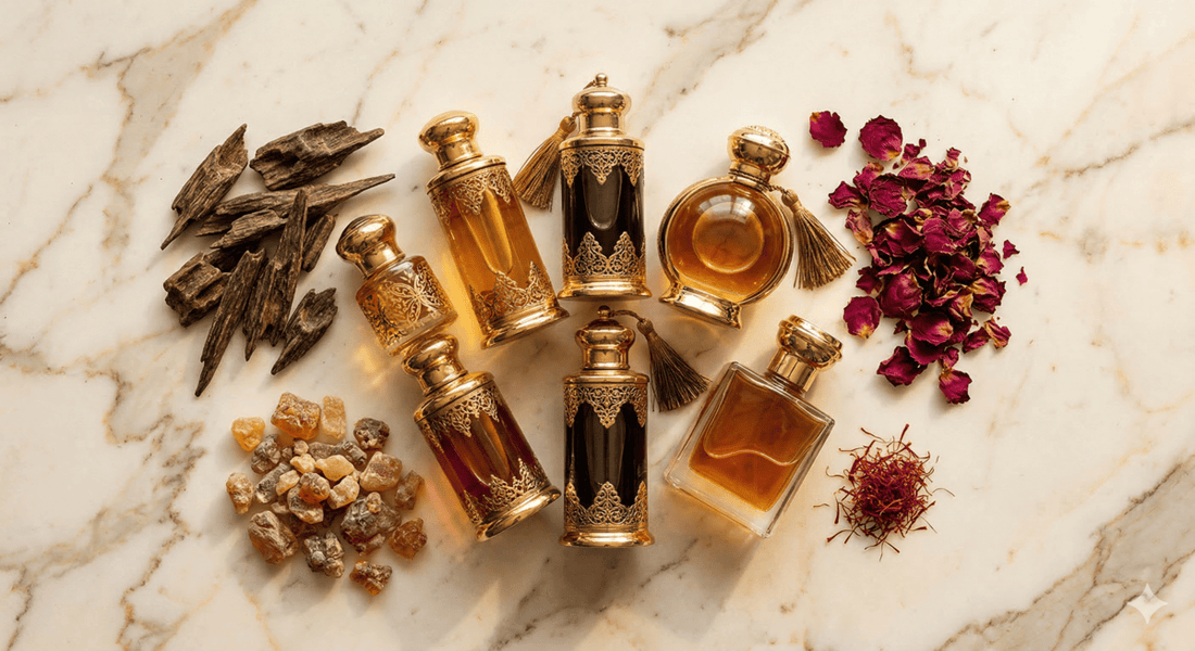 Ornate gold Middle Eastern perfume bottles on a marble surface surrounded by oud wood, amber resin, dried rose petals, and saffron threads.