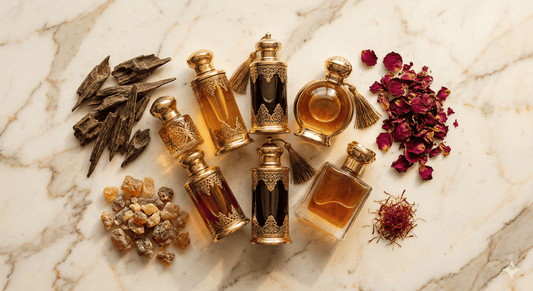 Ornate gold Middle Eastern perfume bottles on a marble surface surrounded by oud wood, amber resin, dried rose petals, and saffron threads.