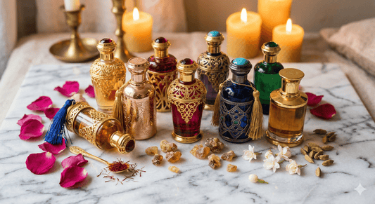 Best Middle Eastern perfumes for women arranged with rose petals, saffron, and amber resin on a marble surface.