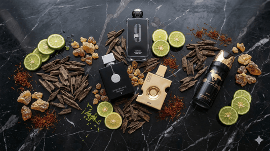 Best Middle Eastern perfumes for men including Afnan 9PM, Armaf Club de Nuit, and Ajmal Evoke Gold displayed on a dark marble surface with oud, saffron, and amber.