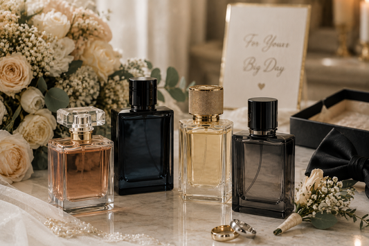 Wedding perfumes and colognes styled with roses, wedding rings, and formal accessories