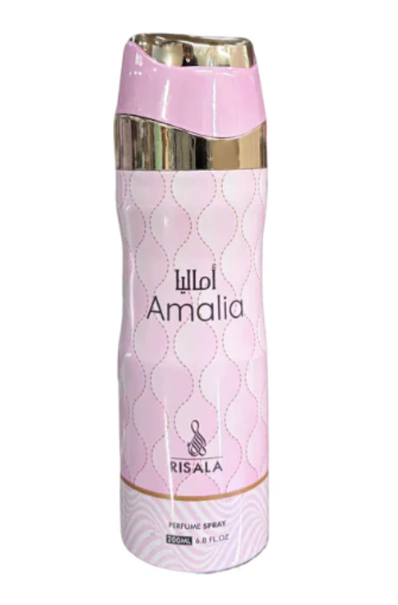 RISALA BODY SPRAY AMALIA — a sleek, elegant bottle of women’s body spray featuring a sophisticated and feminine fragrance