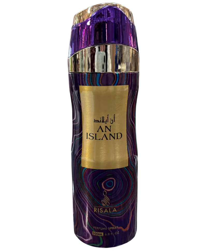 RISALA Perfume Body Spray 200ml can labeled ‘An Island,’ featuring a sleek design with tropical-inspired branding
