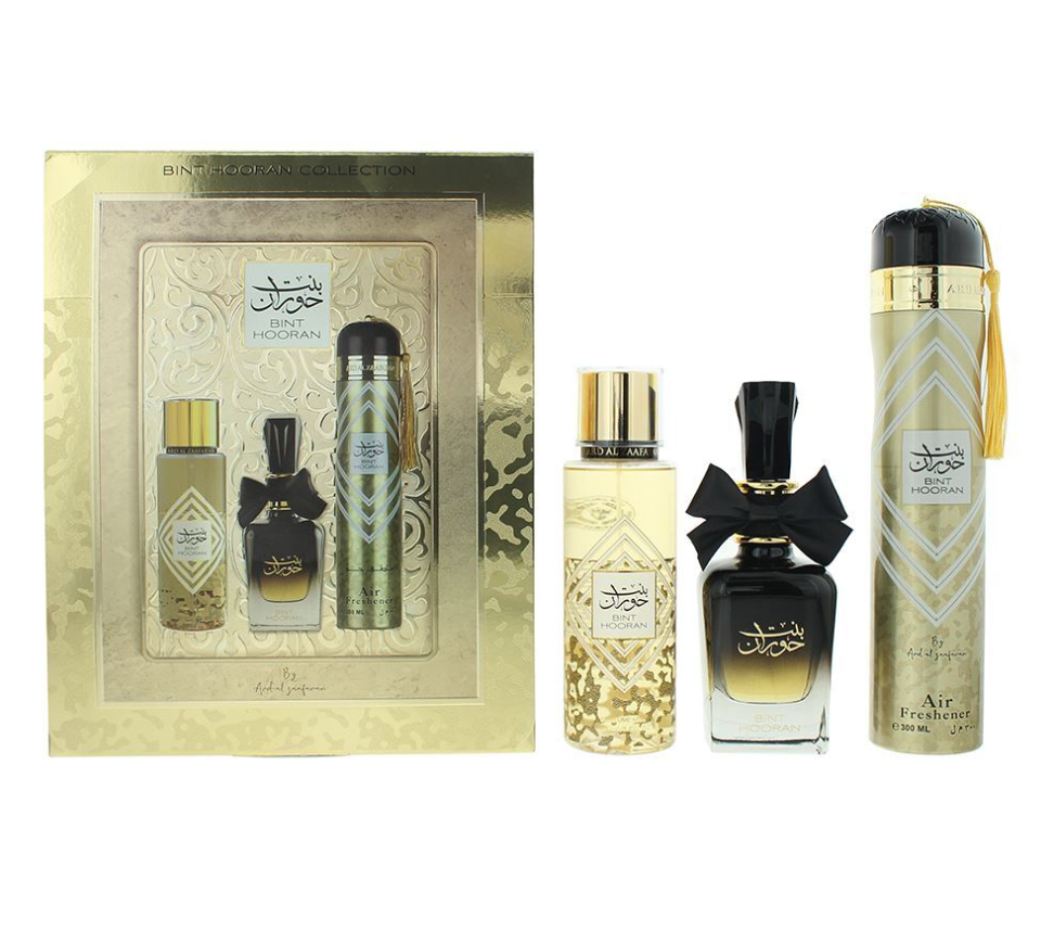 Ard Al Zaafaran Bint Hooran Gold Gift Set with 3 elegant perfumes in a gold-accented box, perfect for gifting.