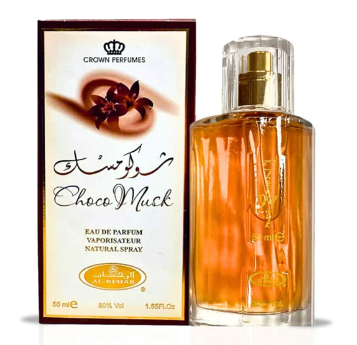 Alt text: Al Rehab Choco Musk 25ml perfume oil bottle featuring a compact design with a golden cap and warm-toned label