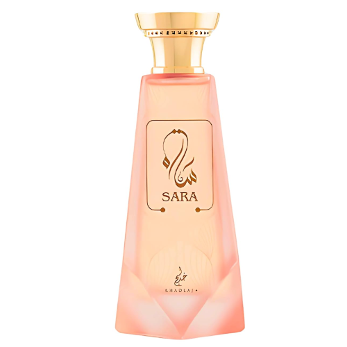 Khadlaj Sara 100ml pink perfume bottle with gold cap, front view