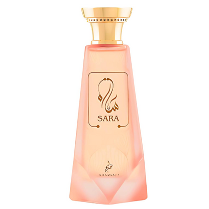 Khadlaj Sara 100ml pink perfume bottle with gold cap, front view