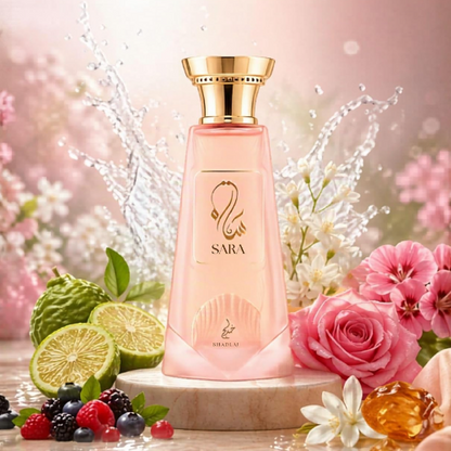 Khadlaj Sara perfume bottle surrounded by citrus, berries, pink and white flowers, and splashing water