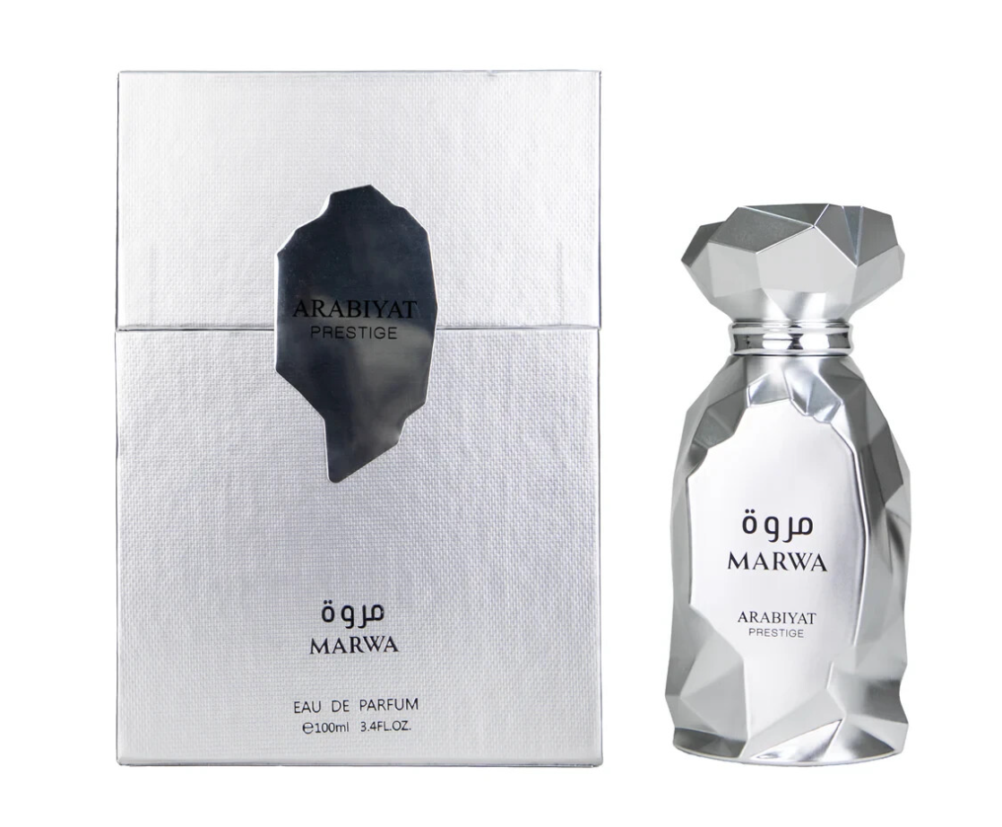 Elegant Arabiyat Prestige Marwa Eau de Parfum in a sleek frosted glass bottle with gold accents and floral design.