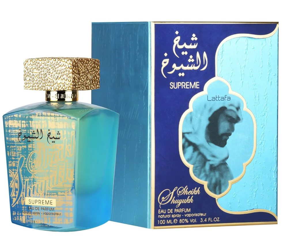 Lattafa Supreme Sheikh Shuyukh Eau de Parfum 100ml in a dark-toned bottle with gold accents, reflecting its bold scent.