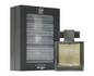 Zimaya Abadi square dark-framed bottle with pale gold patterned glass and wide geometric cap, beside its black box with silver ornamental panel on white.