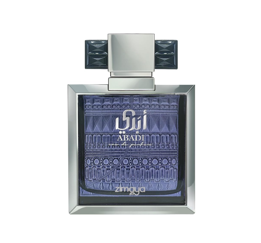 Zimaya Abadi Opulent purple patterned glass bottle with silver rectangular frame, white lettering and broad silver cap with dark faceted side wings, isolated on white.