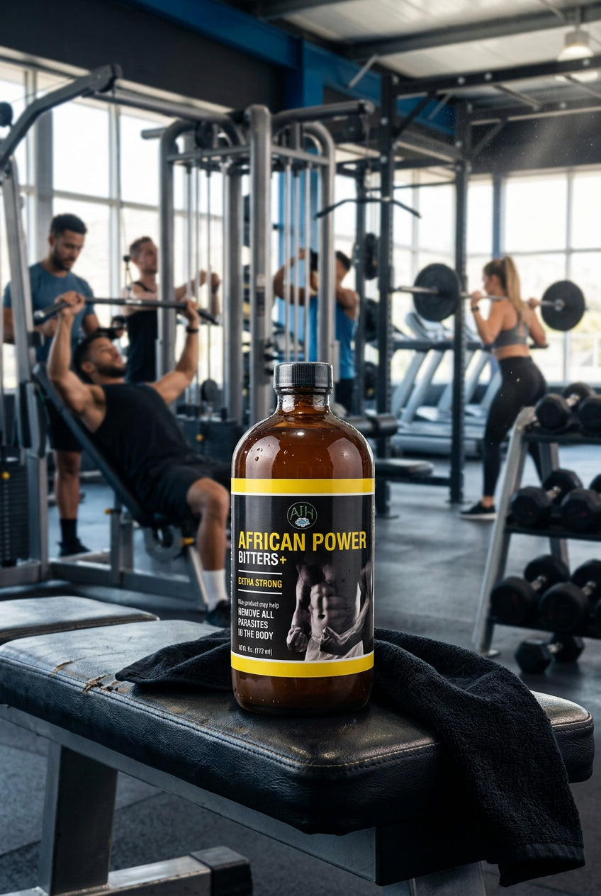 African Indian Herbs African Power Extra Strong bottle on a workout bench in a gym setting