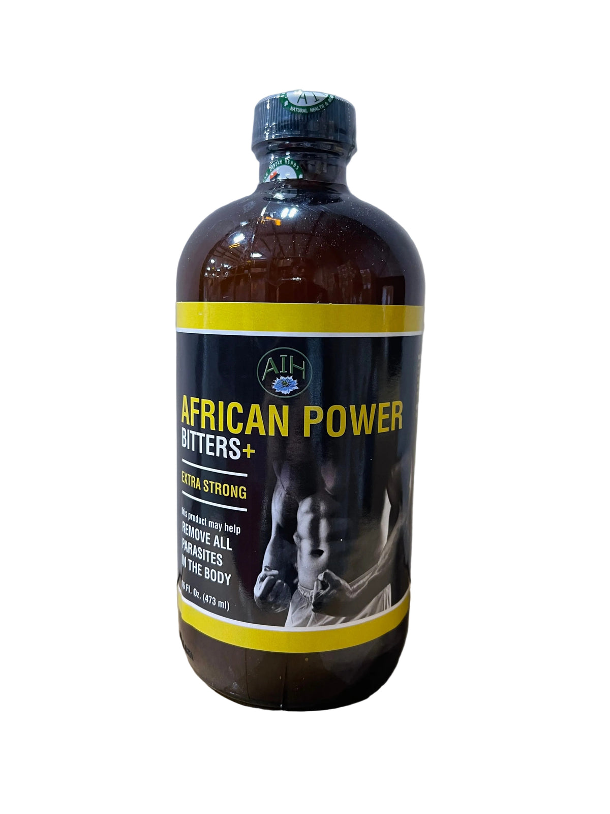 African Indian Herbs African Power Extra Strong bottle with black and yellow African Power label