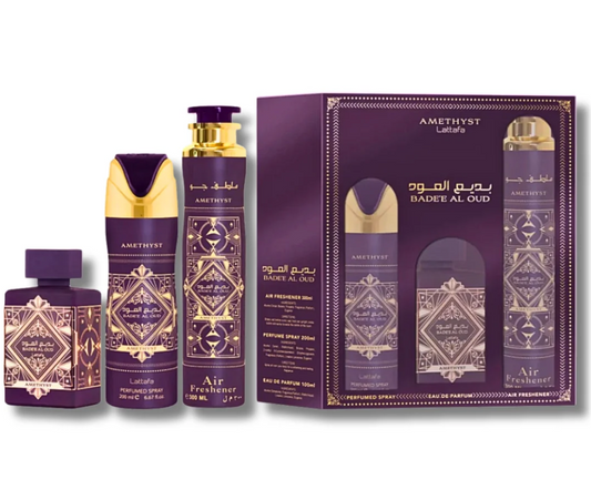 Lattafa Badee Al Oud Amethyst Gift Set Sprays + Perfume 3ct